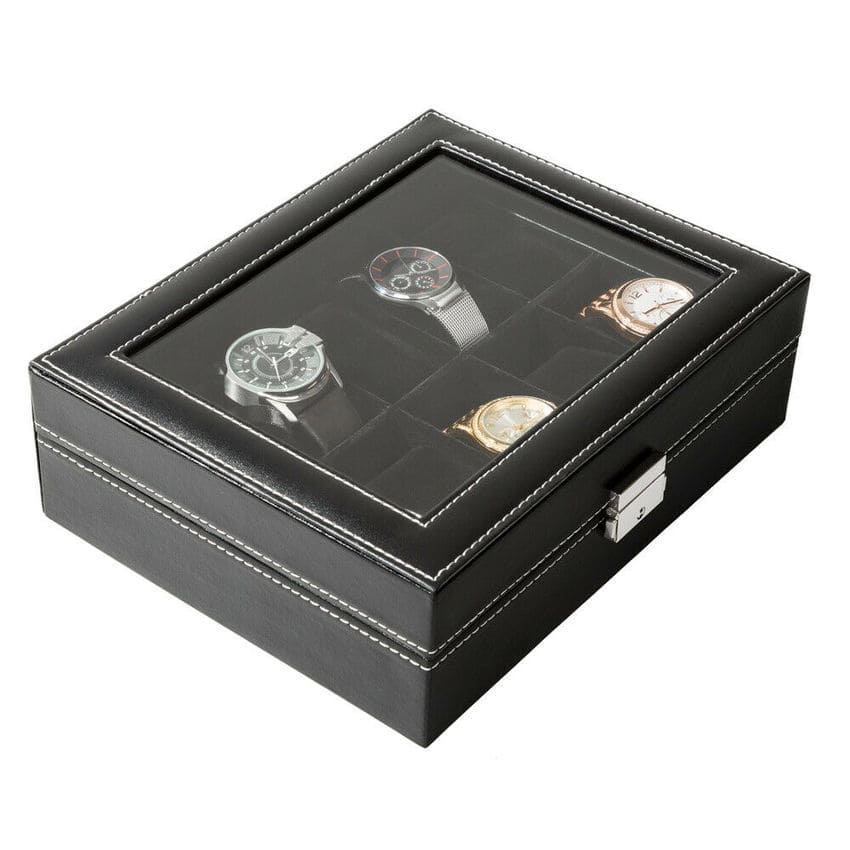 BLACK LEATHER WATCH BOX  <br/>10 SLOTS