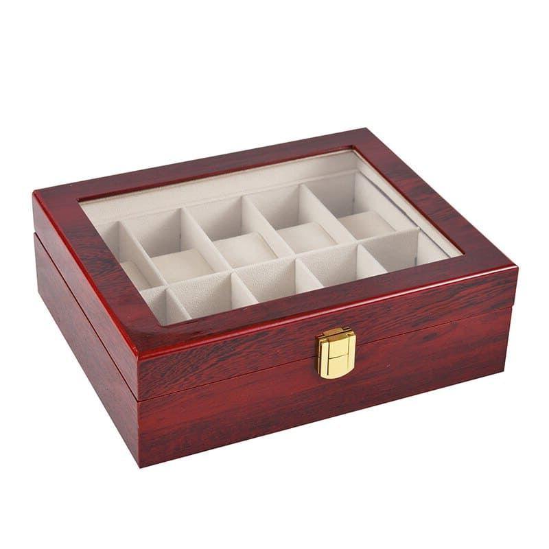 RED WOOD WATCH BOX <br/> 10 SLOTS